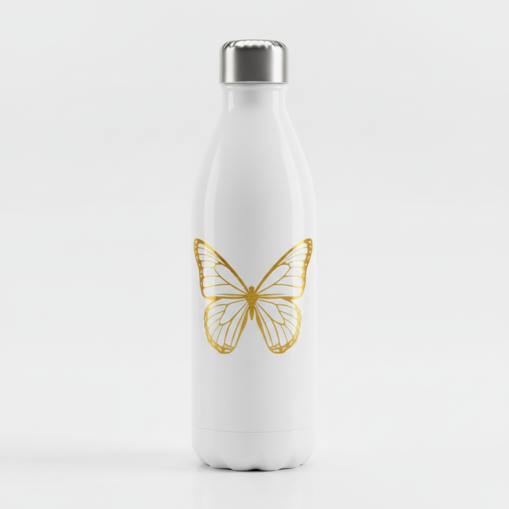 Gold butterfly decal on water bottle